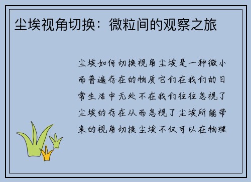 尘埃视角切换：微粒间的观察之旅